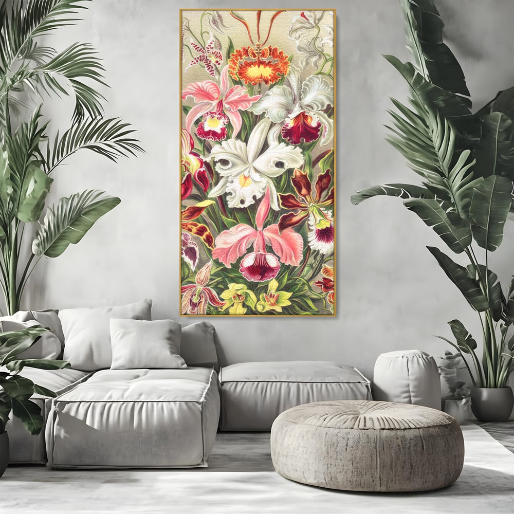 Tablou canvas cu ilustratie botanica cu orhidee multicolore, in rama de aluminiu auriu, pe perete intr-un living